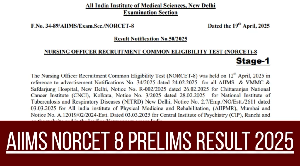 AIIMS NORCET 8 Prelims Result 2025 Declared Check Roll Numbers of Qualified Candidates