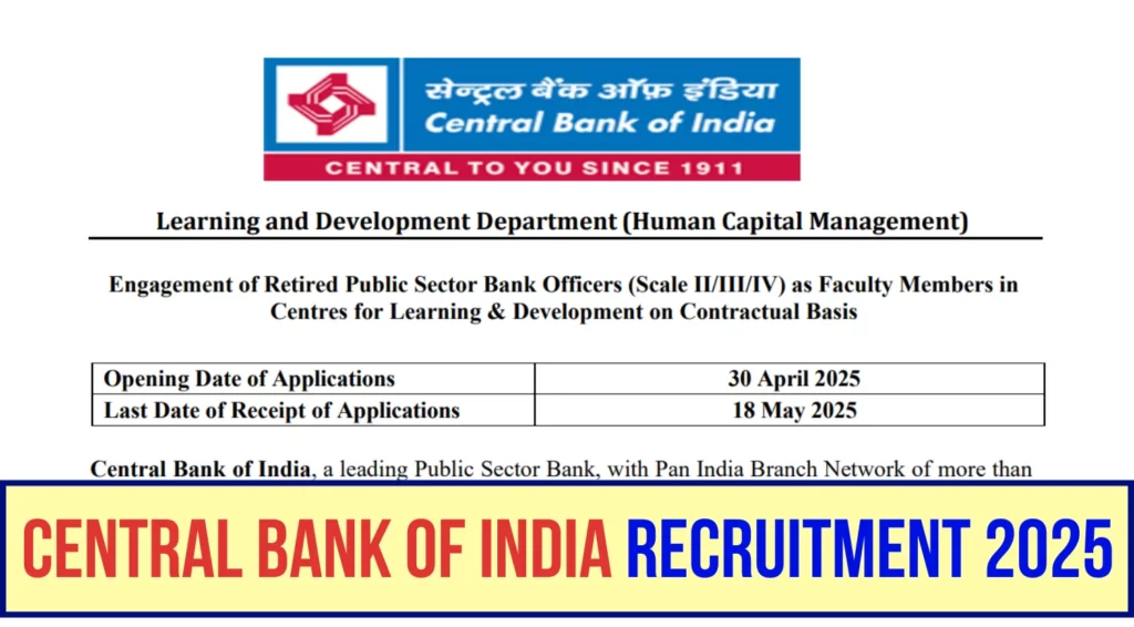 Central Bank of India Recruitment 2025 Apply for Faculty Posts on Contractual Basis